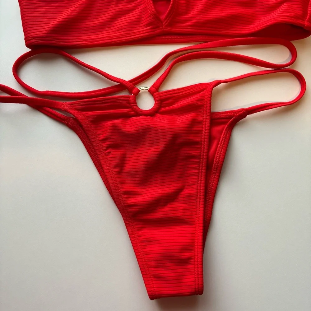 New Beach Bunny Simone Bikini Set S Red Collar Top Luxe Swim Statement Glam - Picture 5 of 10